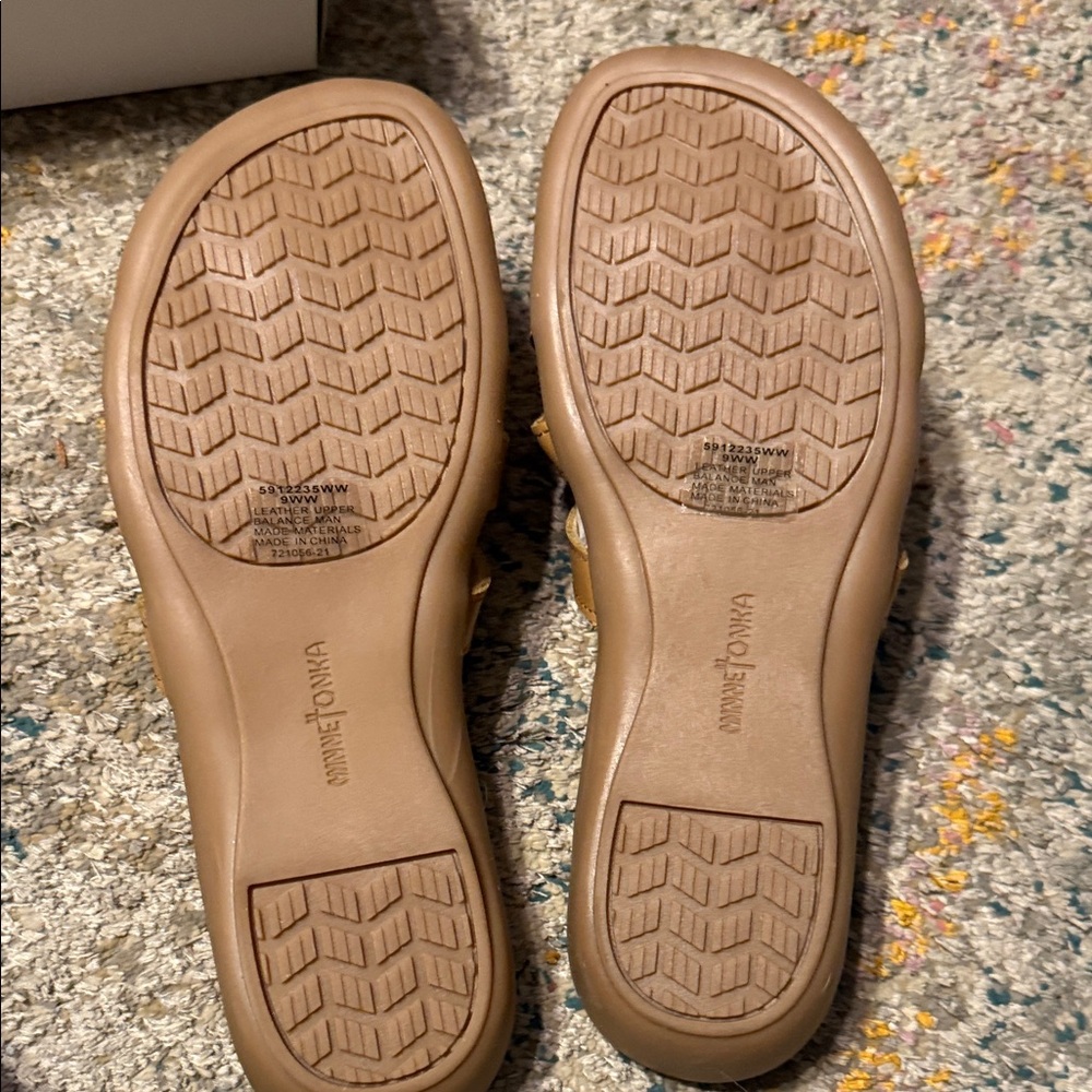 Minnetonka Tan Leather Crisscross Slide Sandals - Picture 6 of 8
